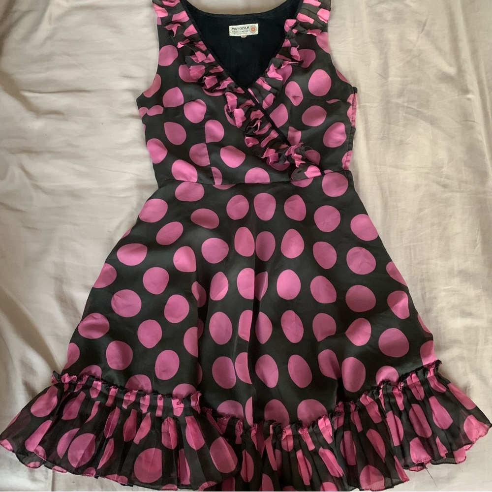 Vintage 60s Dark Green and Pink Polka Dot Ruffle Dress